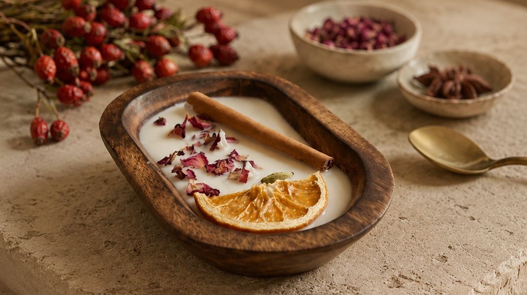 The Thaal pour — rose petals, cinnamon and orange in a carved wooden bowl