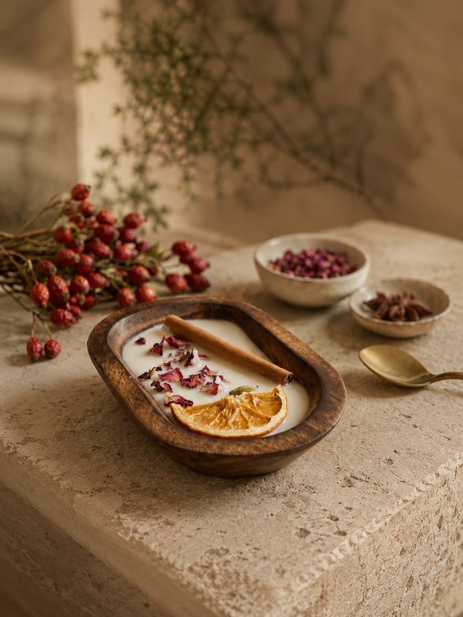 Thaal — botanical soy wax pour with rose petals, cinnamon and orange in a wooden bowl
